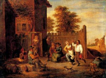 David Teniers The Younger : Peasants Merrymaking Outside An Inn